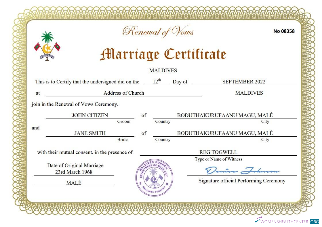 Download Maldives marriage certificate Word and PDF template Photoshop template